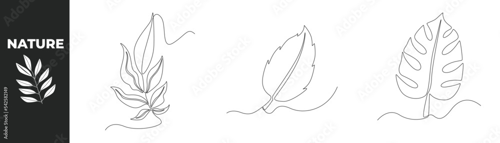 Single one line drawing leaves set concept. Beautiful Leaves. Continuous line draw design graphic vector illustration.