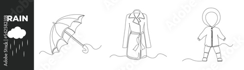Continuous one line drawing monsoon season equipment set concept. Umbrella and rain coat costume. Single line draw design vector graphic illustration.