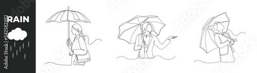 Continuous one line drawing monsoon season equipment set concept. Happy businesswoman using umbrella in the rain. Single line draw design vector graphic illustration.