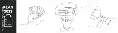 Continuous one line drawing 2023 planning set concept. Holding a lot of dollars, Dream of owning a car and Hand hold trophy. Single line draw design vector graphic illustration.