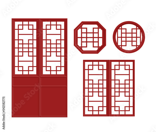 set 3 of Chinese Ornament Windows and Doors Pattern Vector outline illustration on white background.