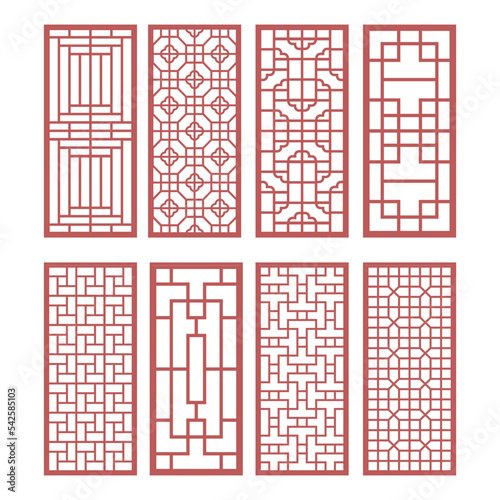 8 Chinese Ornament Windows and Doors Pattern Vector outline illustration on white background.