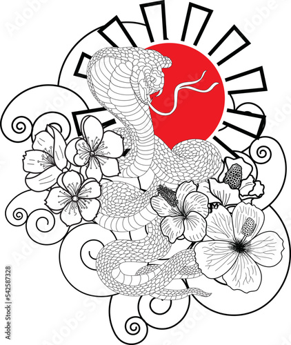 snake cobra tattoo style.Hand drawn Cobra with flower and cloud vector isolate on white background. king Cobra snake with mouth open.Snake cobra illustration.