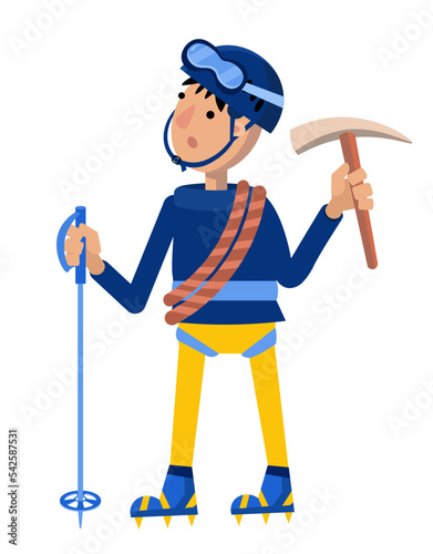 Cute climber with cartoon-style tools and crampons. Hobby and sport. Character for postcards, books, posters. Vector illustration, isolated icon on white background.