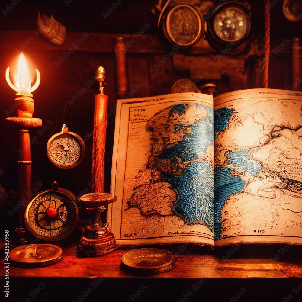 maps, compass and candles in the captain's cabin, the captain looks at the maps, marine navigation. High quality illustration