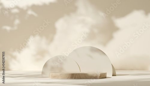 Fototapeta Naklejka Na Ścianę i Meble -  3D beige stone rock podium or wood stage. wooden mock-up stand product scene background. 3d podium stage illustration render. leaves leaf shadow