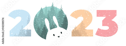 Vector multicolor calendar date 2023, hare among the trees and snowfall. Rabbit peeking out of number 0 isolated on white background. Happy new year 2023 with a bunny in the forest photo