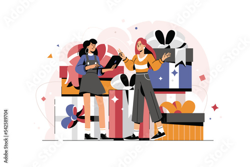 vector illustration of joyful people, employee receives a gift, online reward for a good job, holiday corporate vector