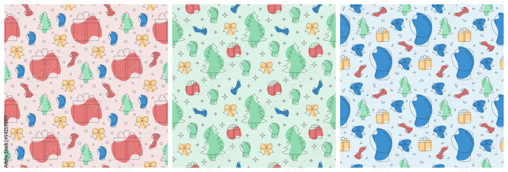 Set of Boxing Day Sale Seamless Pattern Design with Glove and Gift Box for Promotion or Shopping on Template Hand Drawn Cartoon Flat Illustration Set of Boxing Day Sale Seamless Pattern Design with Glove and Gift Box for Promotion or Shopping on Template Hand Drawn Cartoon Flat Illustration