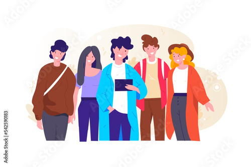  Happy friends watching video together. Group of young smiling men and women dressed