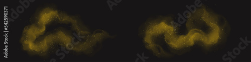 Pollen clouds, allergy flower, dust grains or spores effect. Yellow fog or smoke swirls with flying particles seasonal spring or summer irritant elements, isolated Realistic 3d vector illustration