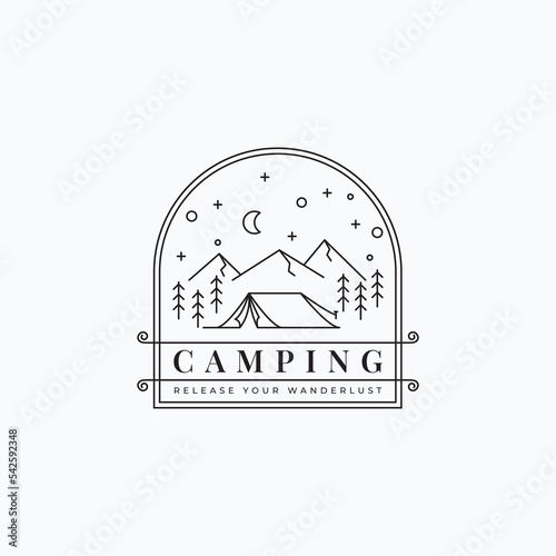 Mountain night camping tent logo vector illustration design. Minimalist line art camp activity logo concept.