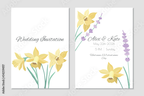 Vector wedding invitation template with yellow narcissuses and purple lavender