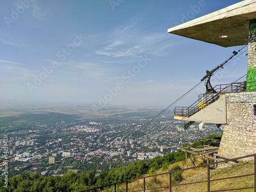Pyatigorsk, Russia - August 19, 2022: View from the observation deck of Mount Mashuk to the resort town of Pyatigorsk and the cable car station