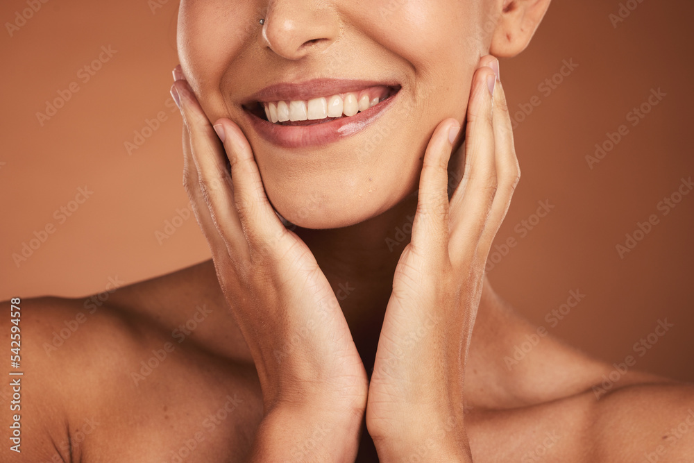 Dental, smile and teeth, oral care and woman on brown studio background. Health, wellness and closeup of female model with hands on face showing her natural looking veneers, healthy mouth and lips