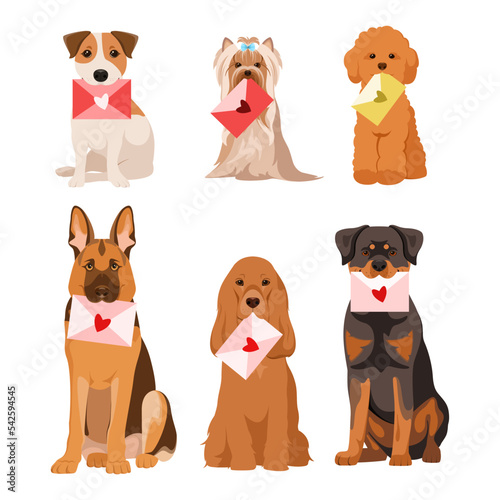 A set of cute dogs with envelopes. Cartoon design.
