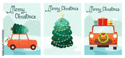 A set of Christmas greeting cards with cars and Christmas trees. Vector illustration.
