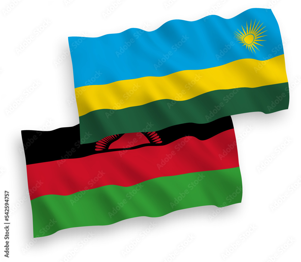 National vector fabric wave flags of Republic of Rwanda and Malawi isolated on white background. 1 to 2 proportion. National vector fabric wave flags of Republic of Rwanda and Malawi isolated on white background. 1 to 2 proportion.