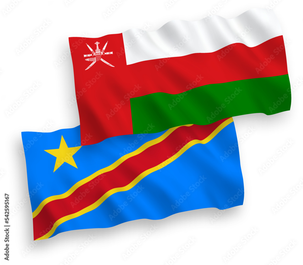 National vector fabric wave flags of Sultanate of Oman and Democratic Republic of the Congo isolated on white background. 1 to 2 proportion. National vector fabric wave flags of Sultanate of Oman and Democratic Republic of the Congo isolated on white background. 1 to 2 proportion.