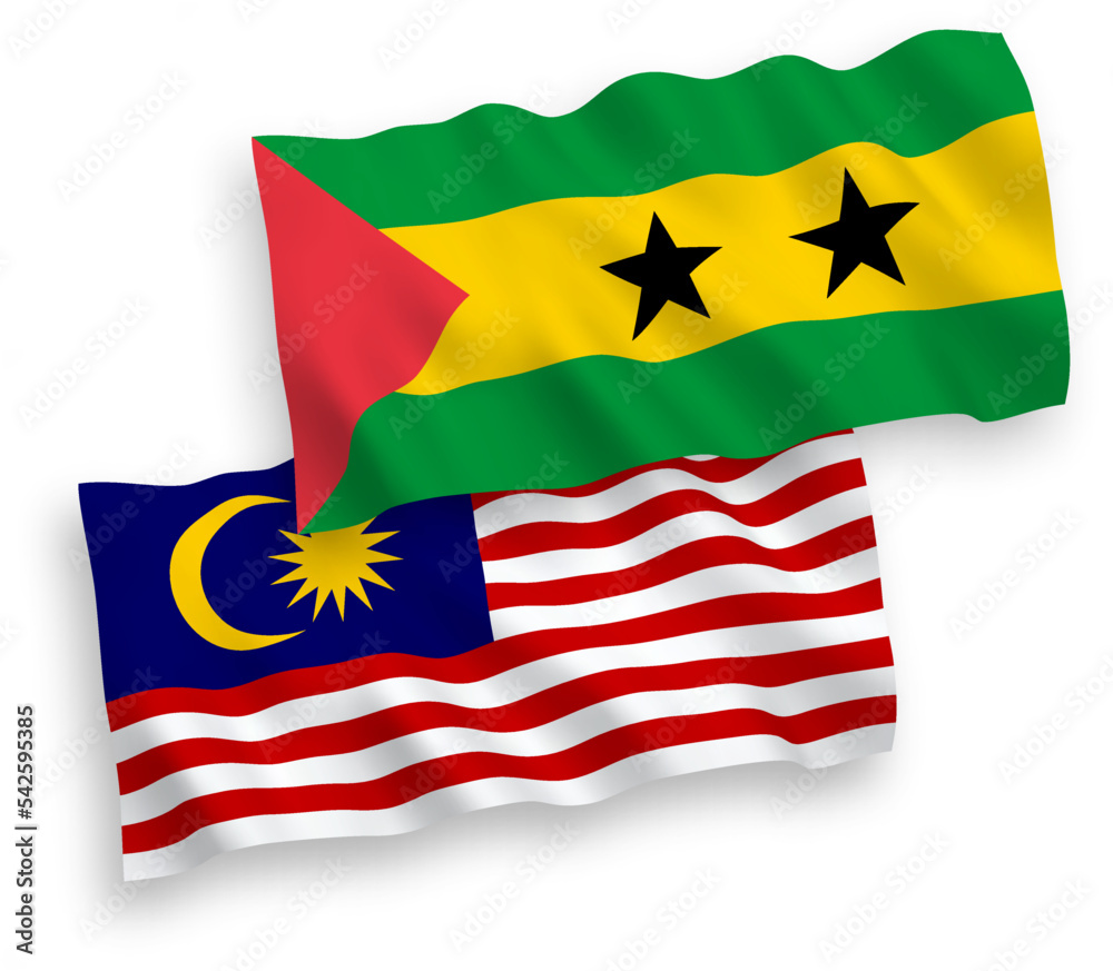 National vector fabric wave flags of Saint Thomas and Prince and Malaysia isolated on white background. 1 to 2 proportion. National vector fabric wave flags of Saint Thomas and Prince and Malaysia isolated on white background. 1 to 2 proportion.