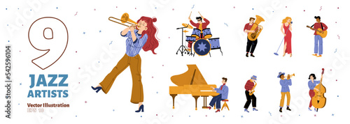 Set of Jazz band artists performing music. Men and woman playing on instruments drum kit, saxophone, trumpet, guitar, grand piano and double bass. Musical performance Line art flat vector illustration