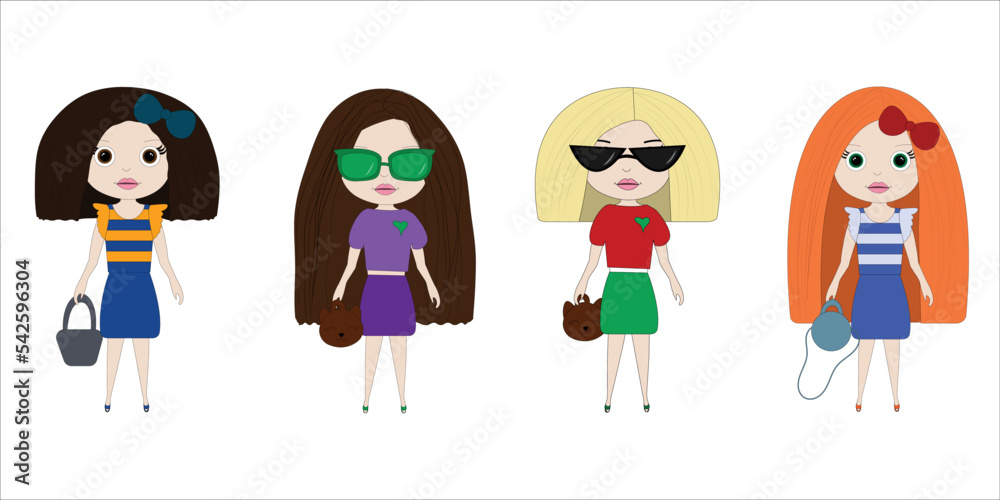 Set doll with a set of fashionable clothing. Cute trendy girl. Template for  design.