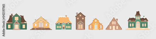 Cozy houses set with snow on roof, smoke from chimney and decorated light bulbs. Winter cityscape elements. Village, suburban, countryside building with patio. Vector illustration with cottage.