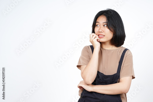 Nervous with hands on mouth of Beautiful Asian Woman Isolated On White Background