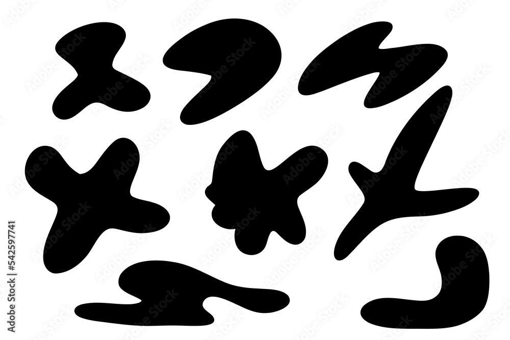 Organic spot set. Organic abstract random irregular shape, stone or black blob. Abstract pebble nature silhouettes, blotch inkblot. Simple liquid splodge elements water forms. Vector minimal bubble. Organic spot set. Organic abstract random irregular shape, stone or black blob. Abstract pebble nature silhouettes, blotch inkblot. Simple liquid splodge elements water forms. Vector minimal bubble.