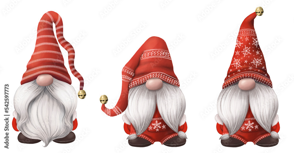 christmas gnomes in red hats on transparent background. hand drawn  illustration set Stock Illustration | Adobe Stock