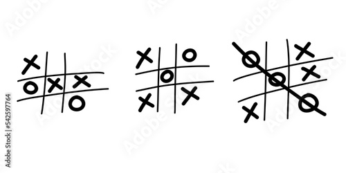 Hand drawn Tic tac toe. Sketch tic tac toe kids game. X-O children game set. Win in tictactoe. Vector doodle illustration on white background.