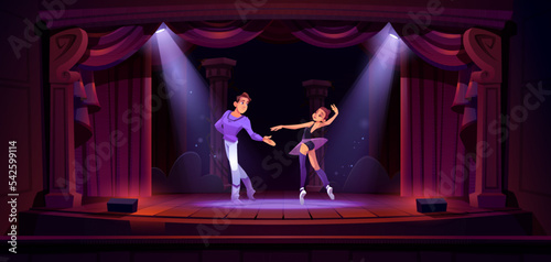 Ballet dancers couple dance on theater stage with red curtains and spotlights. Ballerina in tutu performs with man wear artistic costumes on classic scene in light beams, Cartoon vector illustration
