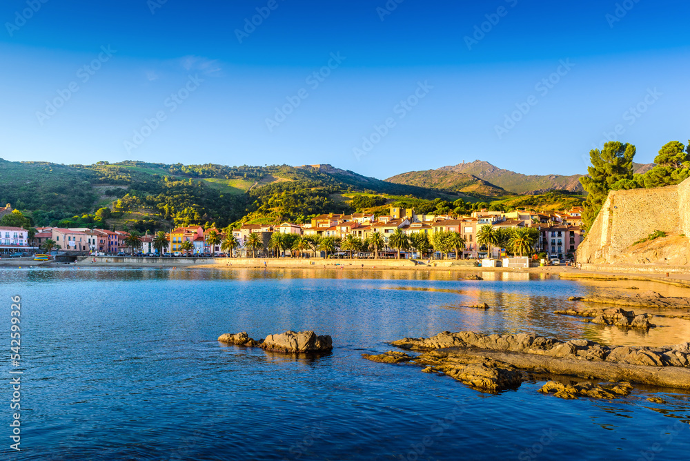 Collioure bay with rocks and beach at morning in France