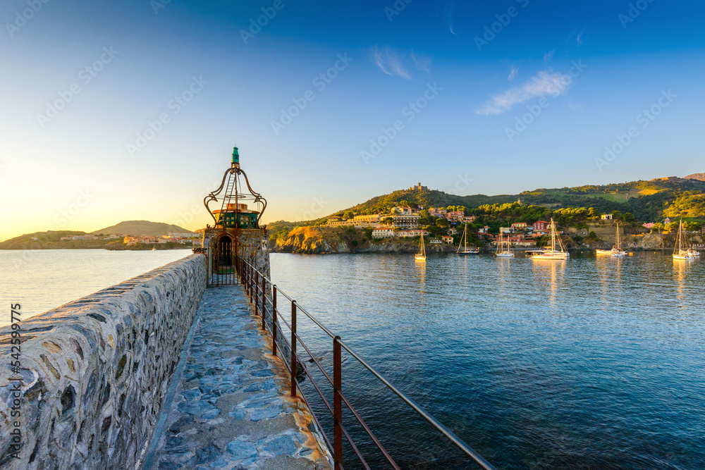 Lighthouse of Collioure harbor at sunrise in France