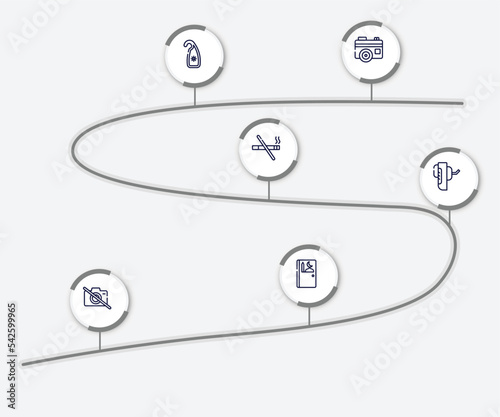infographic element with airport outline icons. included vintage digital photo camera, hang, smoking prohibition, breathalyzer, no photos, prayer room vector.