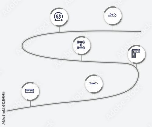 infographic element with car repair outline icons. included convertible car, flat tire, 4wd, broken line, license plate, damper vector.