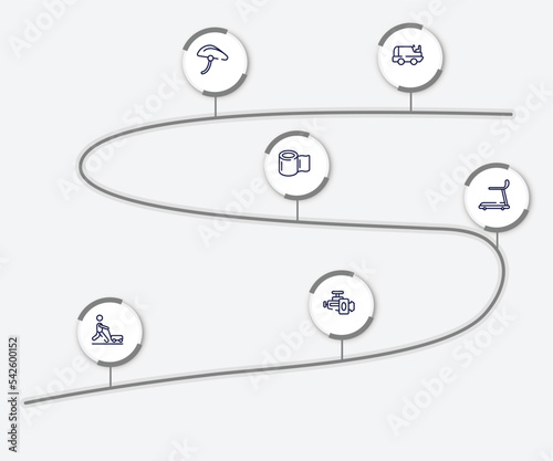 infographic element with racing outline icons. included ice resurfacer, bike helmet, null, cardio, farming and gardening, horsepower vector.