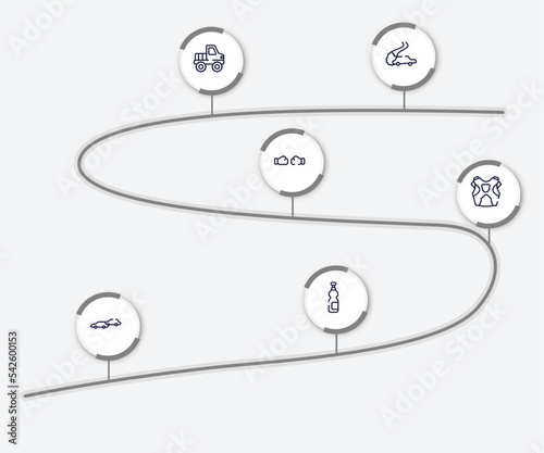infographic element with sports outline icons. included drifting, off road, punching, protector, chase, isotonic vector.