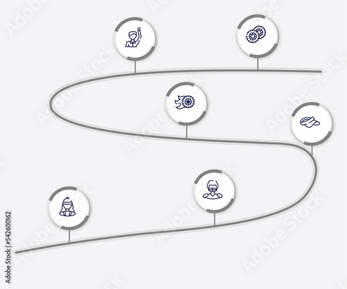 infographic element with sport avatars outline icons. included pit, committee, burnout, visor, horsewoman, hockey player vector.