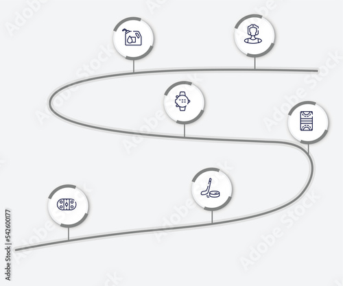 infographic element with winter sports outline icons. included kickboxer, oil down, dive computer, hockey pitch, arena, puck vector.