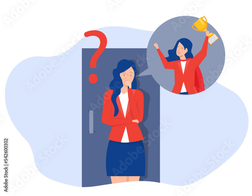 Imposter syndrome.woman standing for her present profile with fear after door . Anxiety and lack of self confidence at work; the person fakes is someone else concept