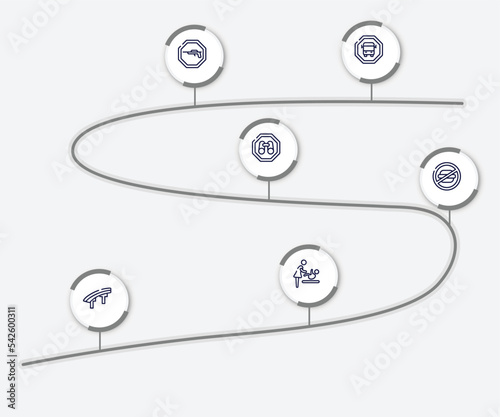 infographic element with indications outline icons. included scholar bus stop, hunting zone, site seeing place, not allowed snacks, flyover bridge, babysitter and child vector.