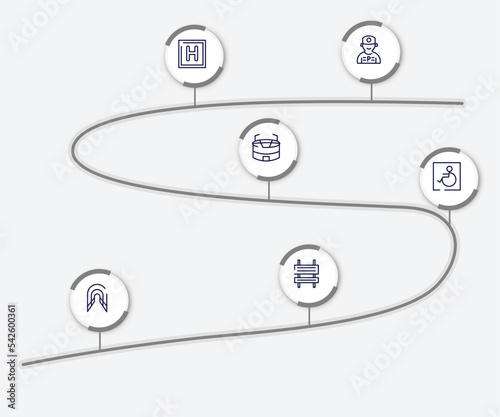 infographic element with signals set outline icons. included parking worker, round hotel, big stadium, handicapped, tunnel, rectangle and arrow vector.