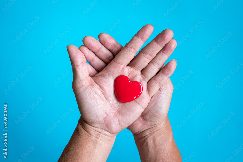 Heart health concept. Red heart shape on the palm of hand. Top view. Heart health concept. Red heart shape on the palm of hand. Top view.