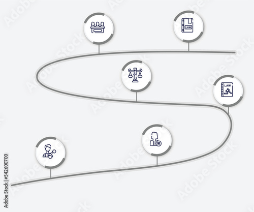 infographic element with law and justice outline icons. included law book, jury, business law, constitutional criminal, attorney vector.