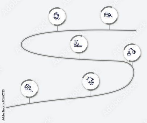 infographic element with law and justice outline icons. included employment, evidence, practise areas, criminal law, investigation, real estate law vector.