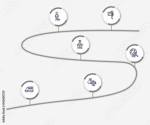 infographic element with law and justice outline icons. included murder, convict, counsel, diploy, prisoner transport vehicle, inheritance law vector.