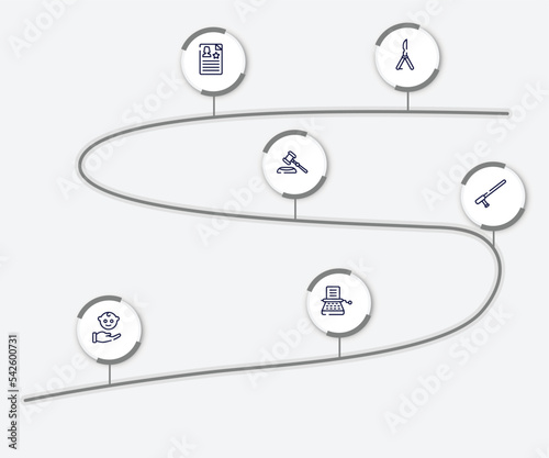 infographic element with law and justice outline icons. included butterfly knife, criminal record, gavel, baton, child custody, stenographer vector.