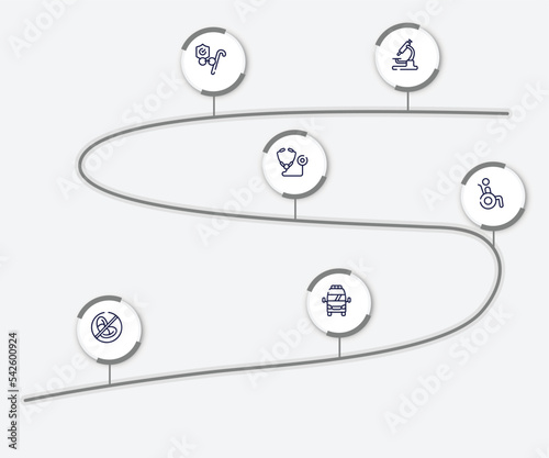 infographic element with health outline icons. included lab microscope, retirement, medical stethoscope variant, wheelchair accesibility, prohibition, frontal ambulance vector.