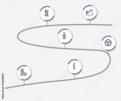 infographic element with medicine outline icons. included null, chromosome string, wounded man, radioactive danger, extraction, thermometer reading temperature vector.